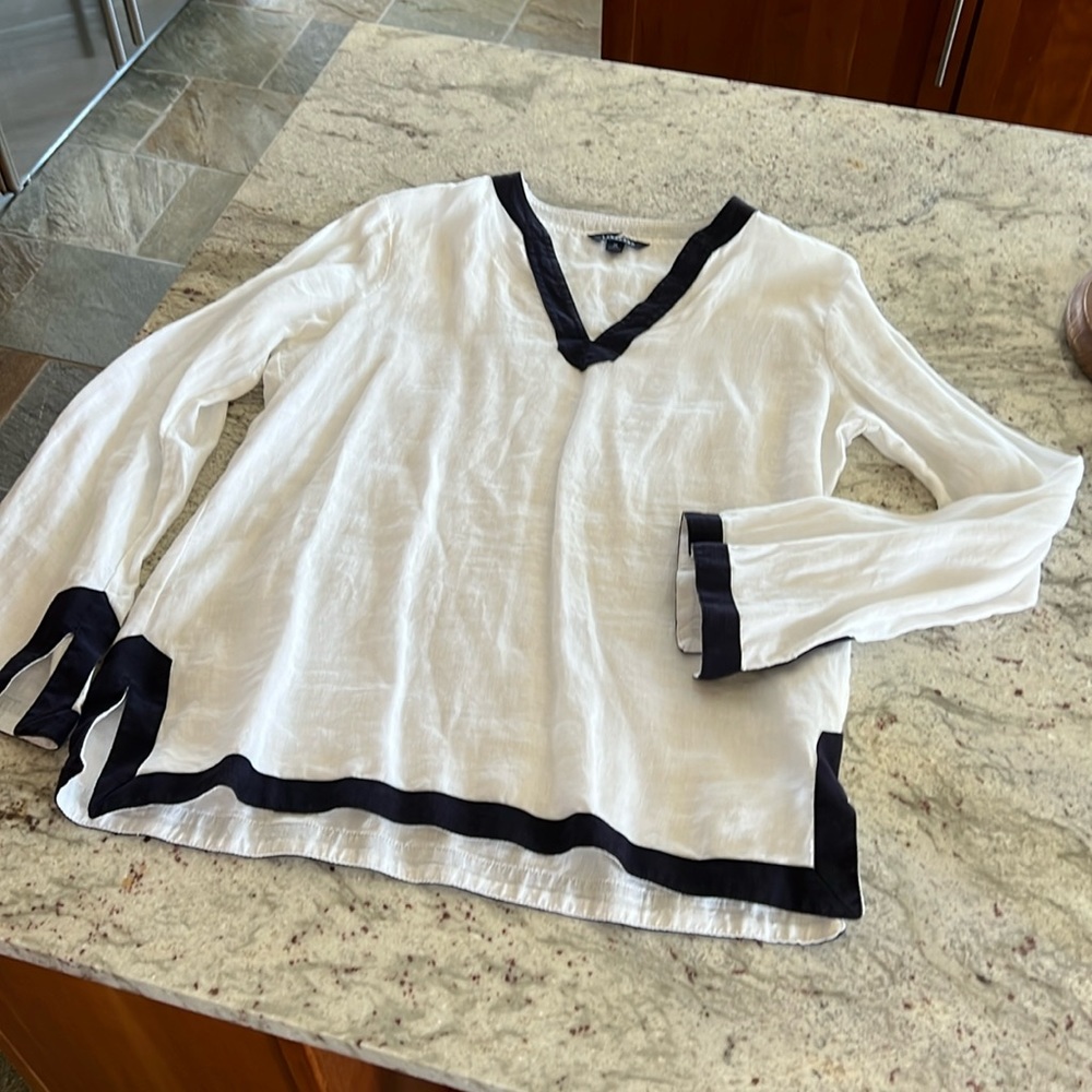 Land’s End Linen Tunic Long Beach Coverup EUC Size 10-12 Medium white/Navy